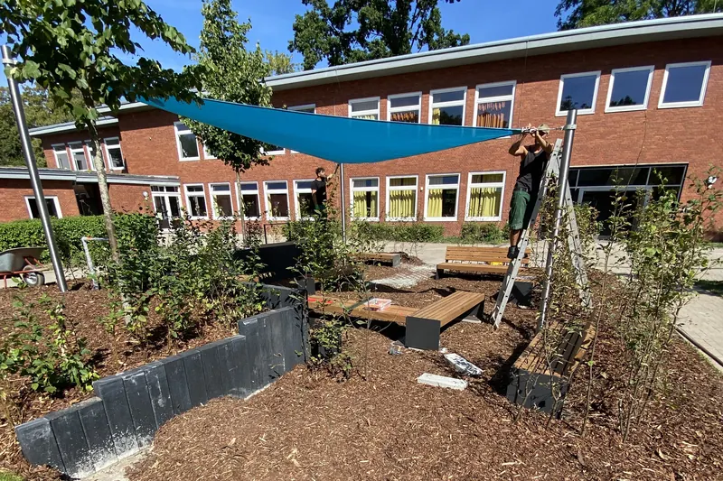 Grünes Klassenzimmer: Pflanzflächen mit Rindenmulch, Sitzbänke und Sonnensegel im Schulhof